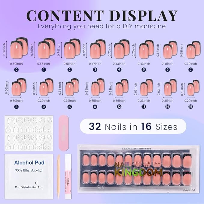 Nude+Black French Tips Press on Nails, Short Square Acrylic Fake Nails Design, Natural Reusable Glue-On Nails Kit for Women DIY False Nail Art Decoration Gift, Salon Quality Reusable 32 Pcs