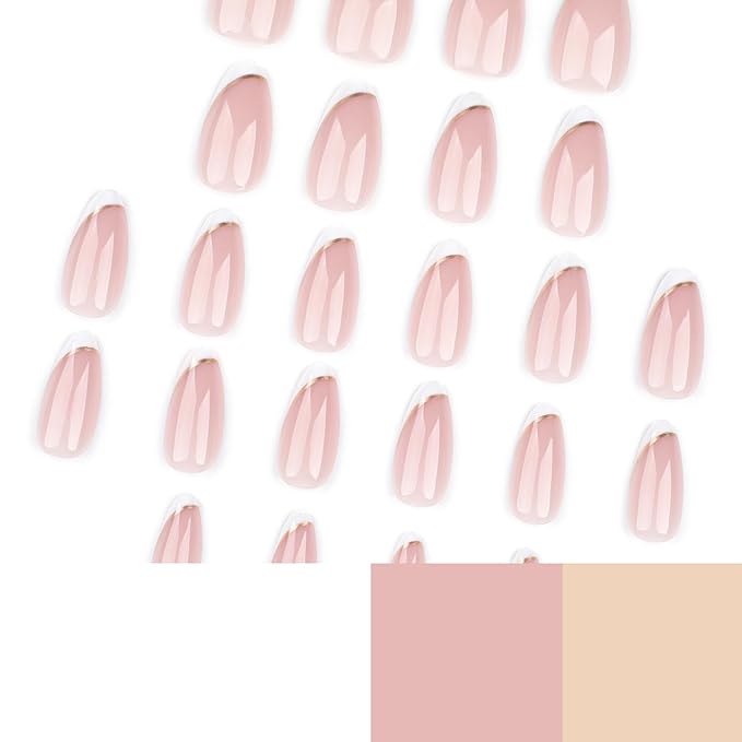 French Tip Press on Nails Almond Fake Nails with Gold Line Design Medium Full Cover Stick on False Nails for Women Manicure 24Pcs