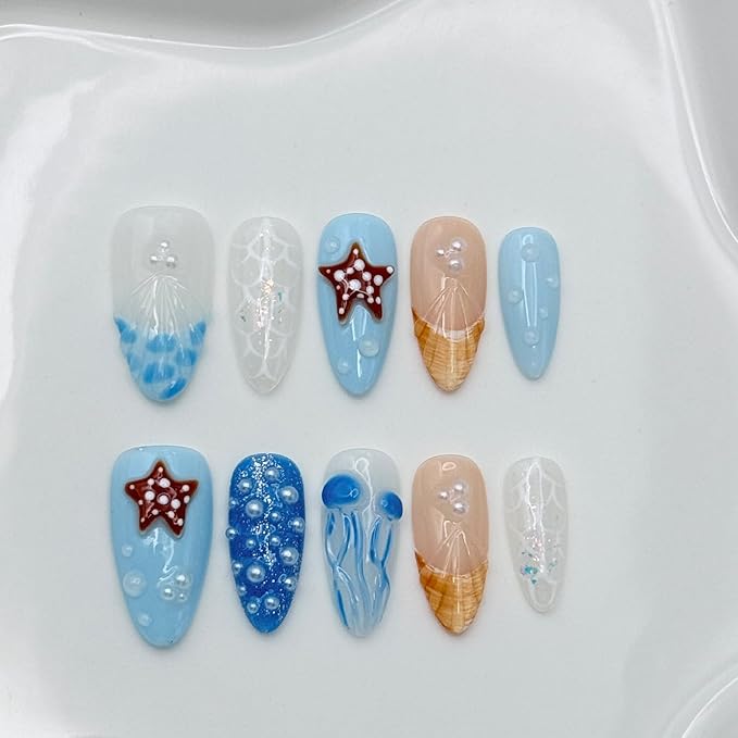 Luxury Handmade Almond Press on Nails with Glue,Ocean False Nails 3D Jellyfish Art Designs Blue Acrylic Nails Handmade Nail Reusable Muti-Layer Gel Thick False Nails for Women 10 Pcs (Size S)