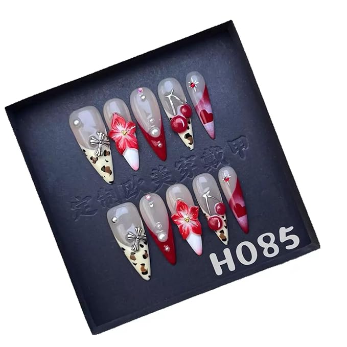 Handmade Press on Nails Long Stiletto Fake Nails Leopard French tips False Nails with Cheery Flower Design Red Heart Pearl Charms Handmade Nail Reusable for Women Girls Daily Wear Manicure Size L