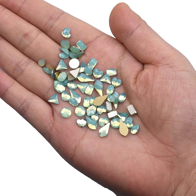 60pcs Mix Shapes Glass Rhinestones Flatback Green Opal Nail Gems 480pcs Round Beads 3D Decoration Crystals for Designs Acrylic Nails Crafts Bulk Pack