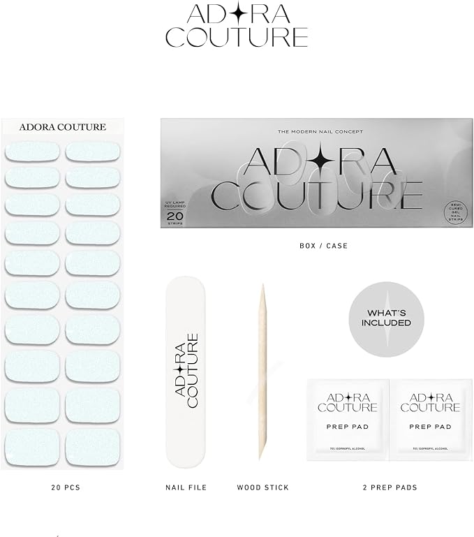 Semi Cured Gel Nail Strips with 20 Pieces - UV Gel Stickers, Manicure Kit, Easy Application Wraps Includes Prep Pads, Nail File, Wooden Stick - UV Light Required (Sunlight)