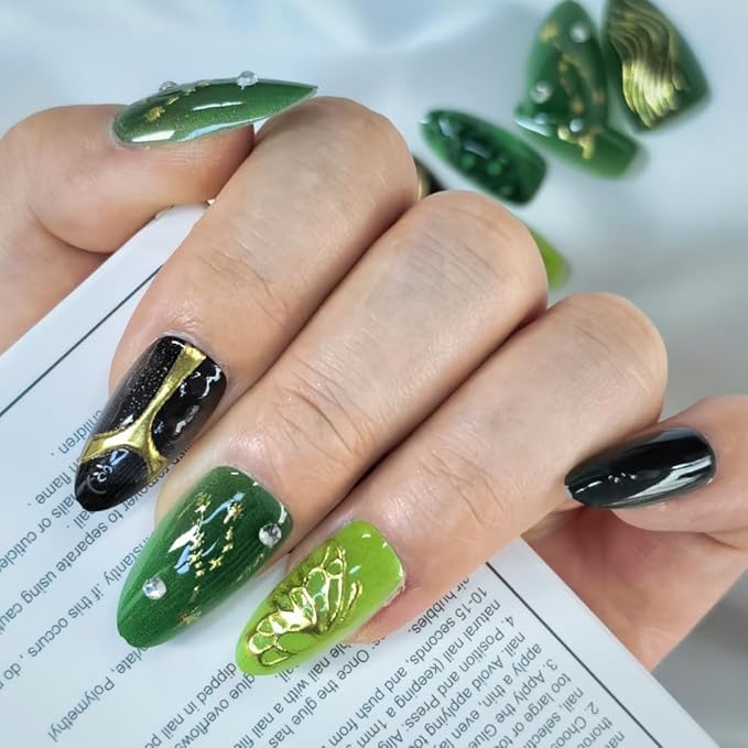 Green Agate Press-On Nails with Gold Wave & Butterfly Design - 24pcs Reusable Fake Nails with 3D Rhinestones & Zodiac Decor for Women (Coffin Shape)