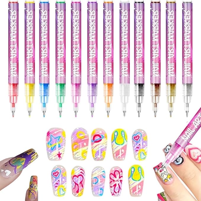 Nail Art Pens Set, Upgrade Nails Art Markers Nail Pens for Girls 0.5mm Quick Dry Graffiti Dotting Point Liner Pens for Home Salon (#B)