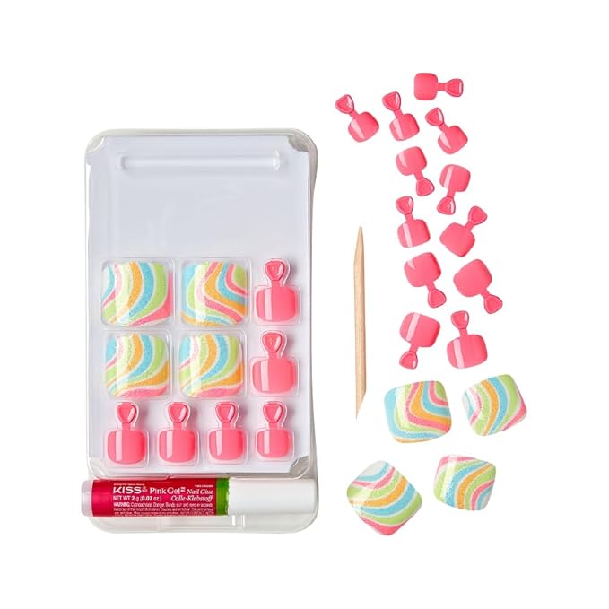 GoldFinger Trendy Press On Fake Toenail Kit Wider Fit, Fantasy Abstract Print & High Pigment Pink Color, Ready to Wear Gel & Manicure Stick, Mini Glue included, Long-Lasting Convenient & Easy to Apply