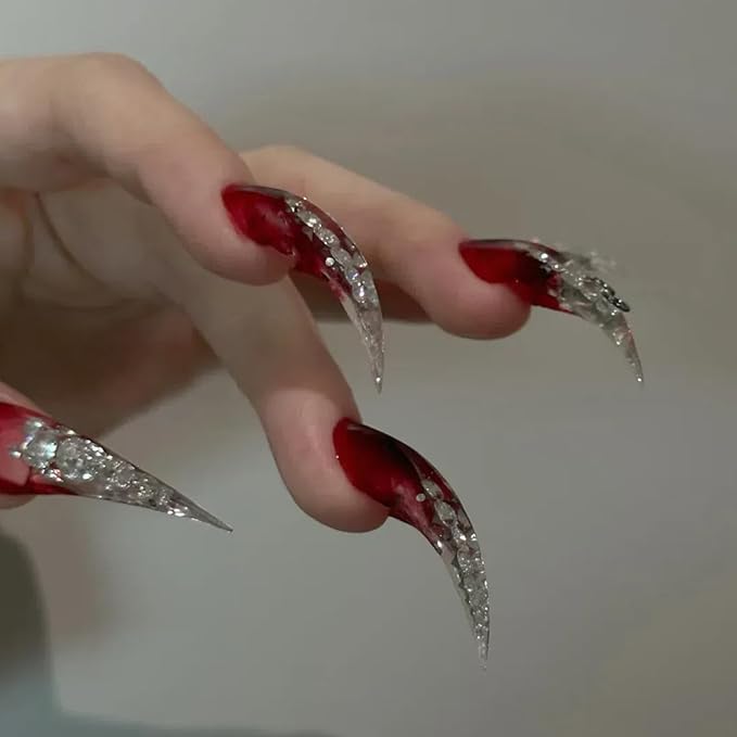 Halloween Press on Claw Nails Long Stiletto Red Diamond Gothic Style Press on Nails Reusable Thick Acrylic Cat Dragon Claw False Nails with Designs Eagle Claw Glossy Glue on Nail