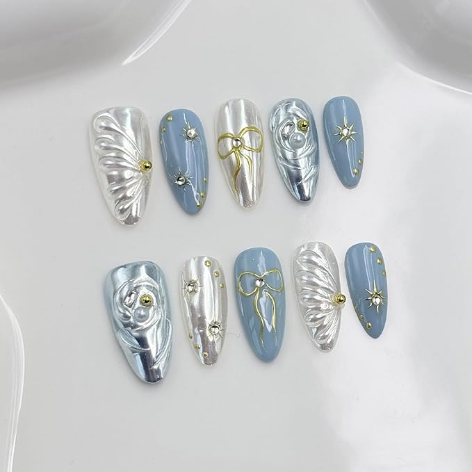 Handmade Press on Nails Medium Almond Fake Nails with Glue,Luxury Rhinestone ＆ 5D Bow Art Blue Press ons Muti-Layer Gel Handmade False Nails for Women (Size S)