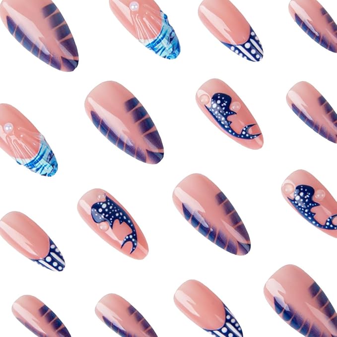 Blue Press on Nails Almond - French Tip Fake Nails with Ocean Design - Medium False Nails Full Cover Stick on Press ons - for Women 24 Pcs