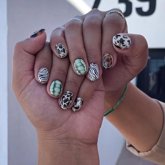 Animal Print Press on Nails Short Oval Fake Nails Fall Winter Nails Press ons with Design Full Cover Stick on Nails for Women Manicure,Reusable | Artificial | Glue Tabs | Easy Apply | 24Pcs