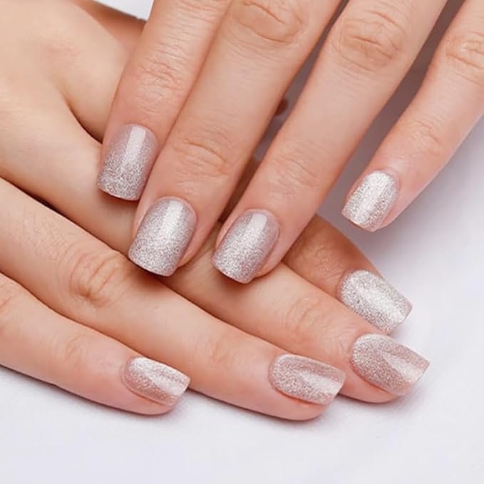 evpct Nude Cat Eye Extra Short Press on Nails Square, Petite Short Square Stick on Nails for Women Gift, Champagne Metallic Glitter Glossy Reusable Soft Gel Press on Acrylic Fake Nail with Designs