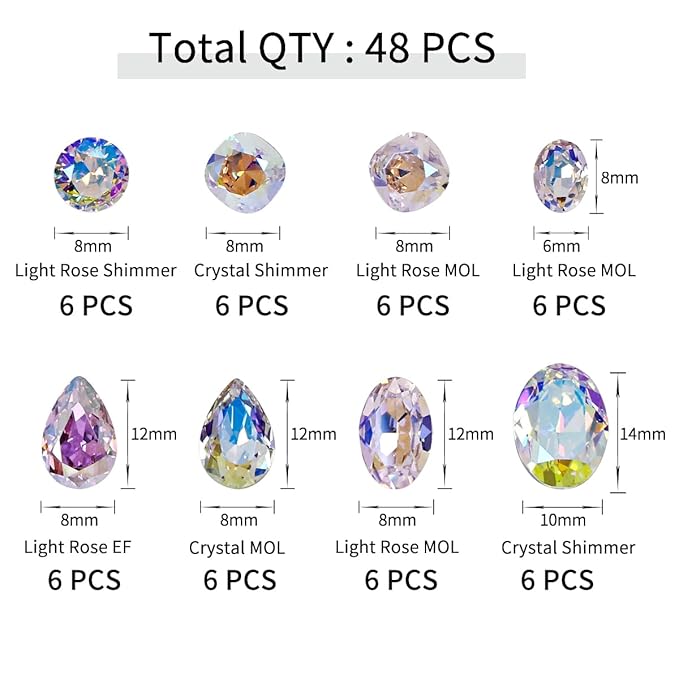 DONGZHOU Big Nail Art Rhinestone，48Pcs Mixed Color Rhinestones Nail Gems Shiny Multi Shape 3D Glass Crystals Nail Charms for Nail DIY Decorations Crafts