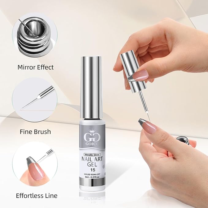 Metallic Gel Nail Polish Sliver Gel Liner For Nail Art Chrome Silver Nail Polish 8ml 3D Mirror Chrome Effect Painting with Thin Brush French Nail Design Curing Requires