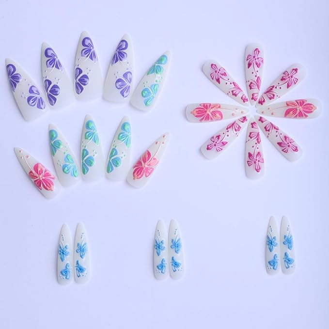 Long Almond Press on Nails Fake Nails Gradient Flower 3D Stick on Nail for Women 24pcs