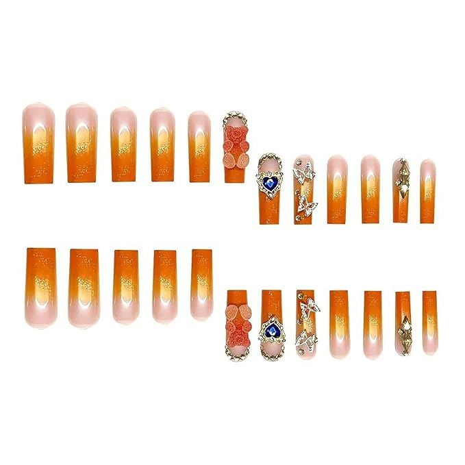 Press on Nails Long Square Fake Nails French Tip Orange Ombre False Nails with Charms Designs Glitter Acrylic Nails for Women 24Pcs