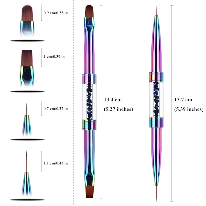 2Pcs Dual-ended UV Builder Gel Nail Brush Set Rhinestone Handle Nail Art Liner Brush Polygel Hard Gel Nail Brushes