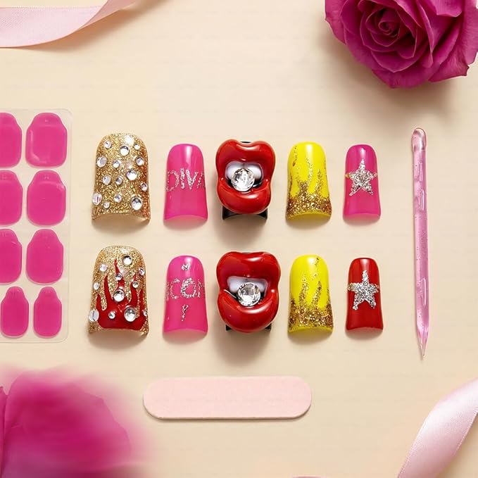 10 Pieces Luxury Acrylic Press On Nails Short Handmade Duck Nails, Pink Thickened False Nails, Rhinestone And 3D Red Lips, Reusable Fake Nails, Acrylic Nails (L)