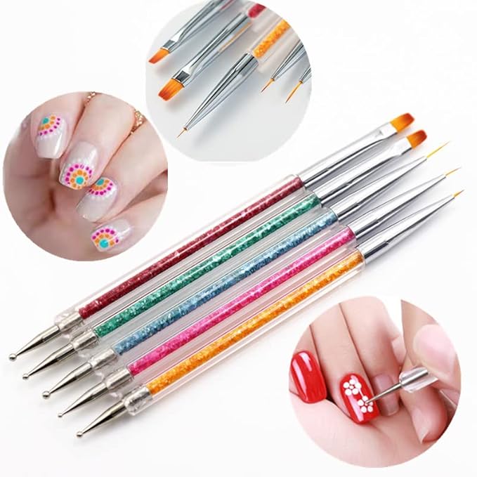8PCS Nail Art Brushes, Double-Ended Brush and Dotting Tool Kit, Dual End Nail Art Pen Brush Acrylic Round Flat Painting Drawing Liner Nail Tools