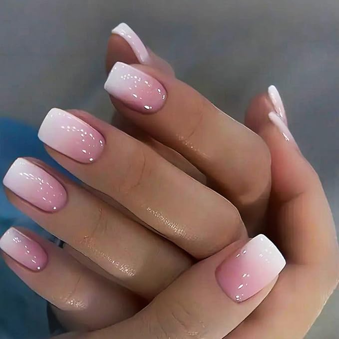 Press on Nails Short Square Fake Nails Ombre False Nails Press ons Glossy Nude Pink Glue on Nails Full Cover Stick on Nail for Women Nail Decoration 24Pcs