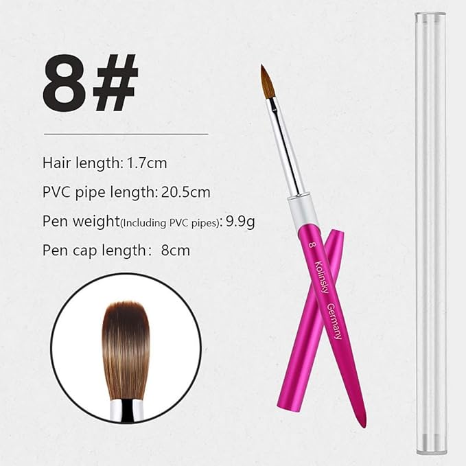 Acrylic Nail Brush Size 8#, 100% Pure Kolinsky Hair Acrylic Crystal Hot Red Pink with Silver Ferrule Round Shaped for Women Girls Manicure Tools Accessories