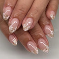 evpct 3D Nude Pink Press on Nails Short Almond with Gold White Flower Design, Short Almond Stick on Nails for Women Gift with Kit, Reusable Soft Gel Acrylic Press on Fake Nail with Floral Design