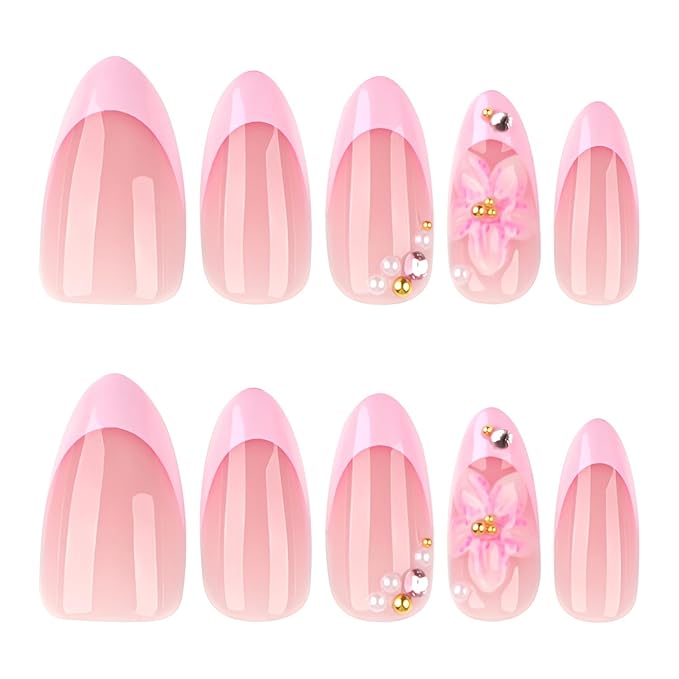 24Pcs French Tip Press on Nails Medium Almond Fake Nails 3D Flower Nails Press Ons Pink Glitter False Nails Glossy Glue on Nail with Pearl Design Acrylic Stick on Nail for Women Decorations set