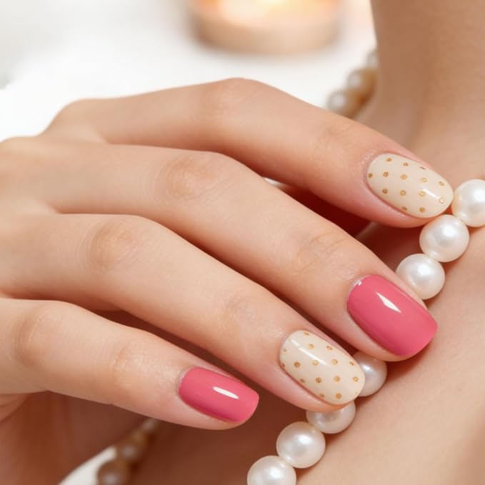Semi Cured Gel Nail Strips - Gold Polka Dot, 20 Pcs DIY at Home Nail Art, UV/LED Lamp Required, Beginner Friendly & Salon Quality Manicure