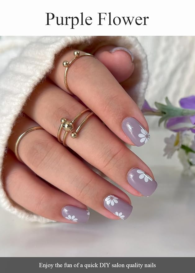 Semi Cured Gel Nail Strips (Purple Flower), 20 Pcs Gel Nail Wraps, Stickers, Salon Quality, Long Lasting, Works with Any UV Lamps