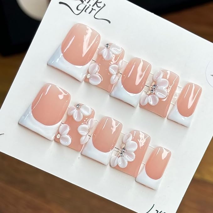 Luxury Press on Nails Short Duck Handmade 3D Unique Reusable ABS Material Fake Nails White French Tip False Nails with Designs Rhinestones Floral Glossy Glue on Nail Thick Acrylic Nail(S)