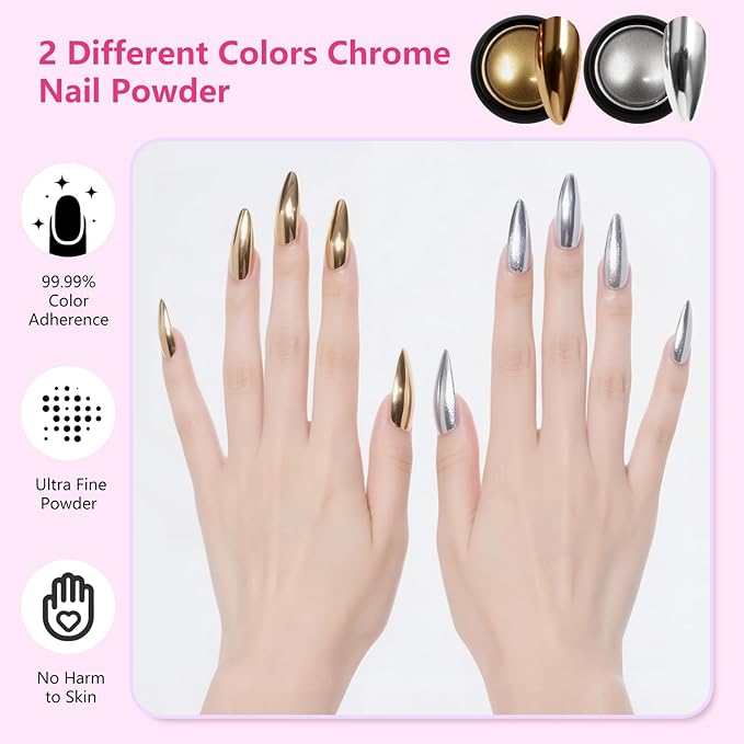 Acrylic Fake Nails Kit for Beginner - Press On Nail Supplies with Clear Almond Tips Chrome Powder Nail Stand Nail Art Brushes Dotting Pen Glitter Sequins Sticker Rhinestones