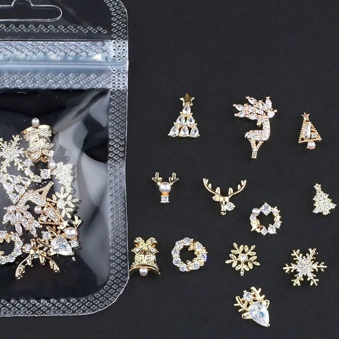 12pcs Christmas Nail Charms,Alloy Chrismas Nail Art Charms Nail Gems Nail Rhinestones Shiny Zircon Snowflake Elk Xmas Tree Chrismas Garland Nail Decor Rhinestones for Nails Jewelry Women Nail Supplies
