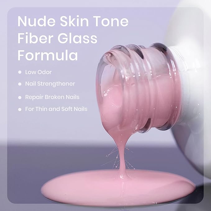 RARJSM Nude Amber Glass Jelly Soft Milky Pink Fiber Glass Rubber Base Gel Nail Polish for Repair Broken Nails Strengthener Base Coat Brush on Building Gel in a Bottle Curing Requires 15ml