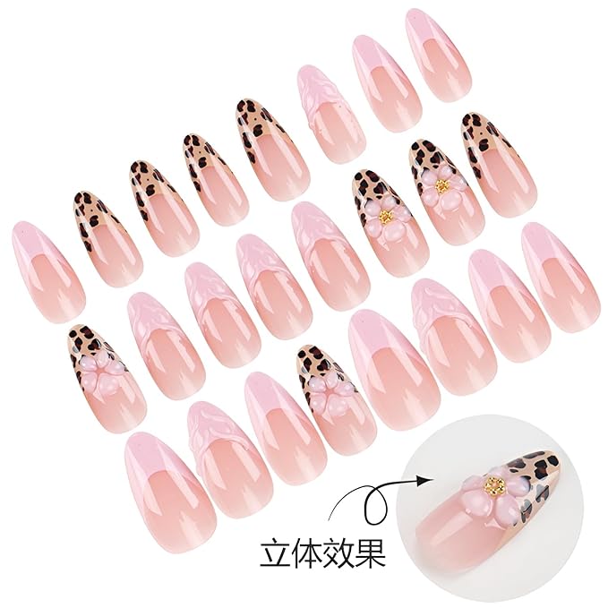 French Tip Press on Nails Almond Fake Nails Leopard Print False Nails Flower Nails Press Ons with Rhinestones Design Nude Glue on Nail Glossy Stick on Nail for Women Decoration Set 24Pcs