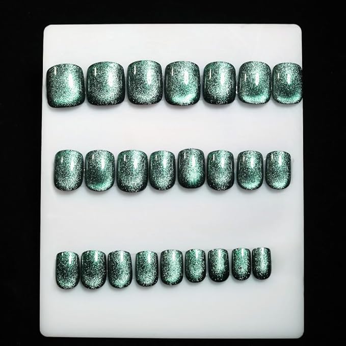 Light green Press on Nails Short Square, Cat Eye Press on Nails, Fashion Gel Fake Nails, Reusable Acrylic Fake Nails, Glossy Stick on Nails for Women, 24Pcs