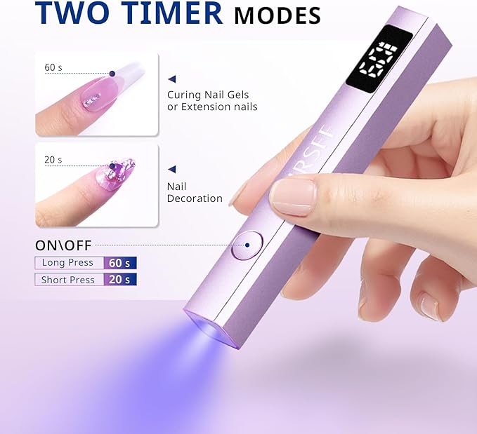 AIRSEE Cordless Mini Nail Lamp,Handheld UV Light with LCD Display for Gel Nails,Rechargeable USB Nail Dryer for Fast Cure,Rhinestone Glue Decoration,Gel Nail Strips at Home,Travel(Purple)