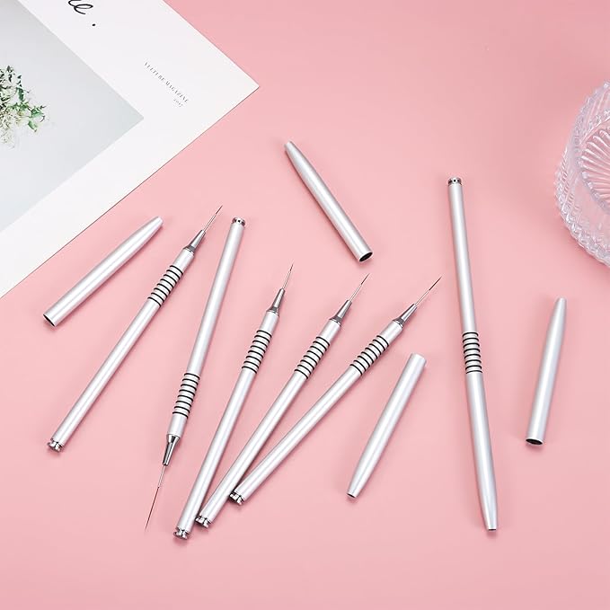 6Pcs Nail Art Liner Brushes Set, Fine Drawing Painting Details Design Striping Brush With Gel Polish Acrylic Handle Gifts Manicure Tools DIY Sizes 5/7/9/11/15/25mm, Silver