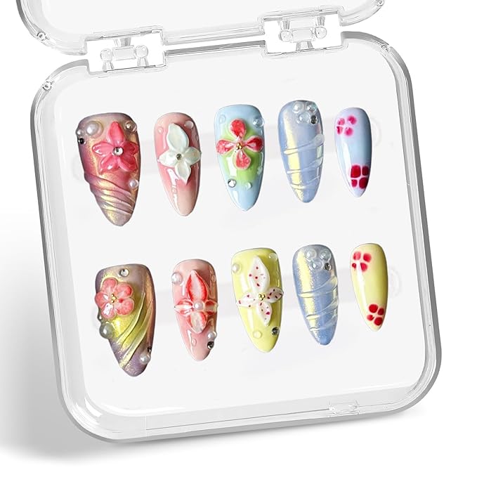 Handmade Press on Nails Luxury 3D Flower Pearl Acrylic Nails Designs Almond Medium Fake Nails Muti-Layer Gel Full Cover French Tips Thick Stick on Nail Gradient False Nails for Women and Girls (M)