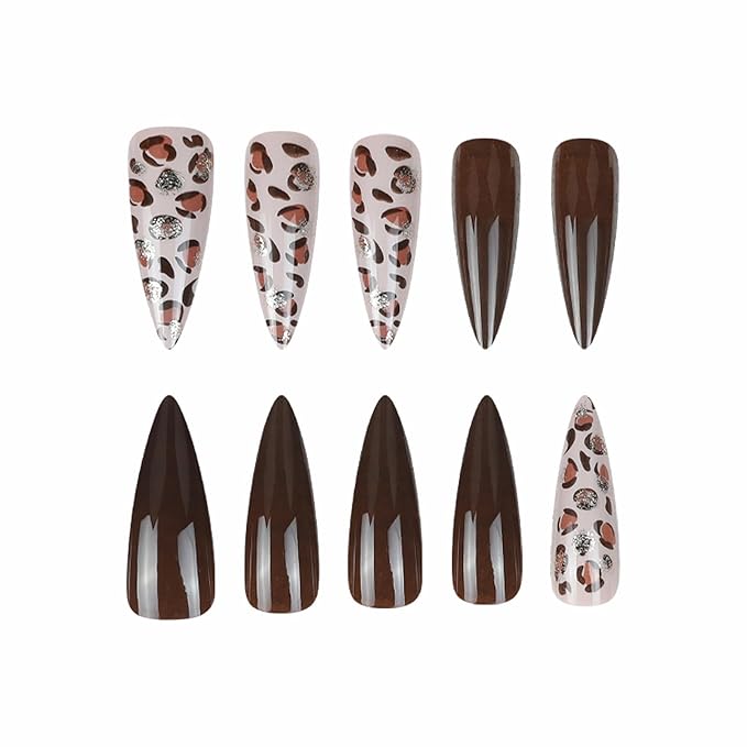 MISUD Press on Nails - Long Stiletto Fake Nails with Brown Leopard, Acrylic Bling Glitter Design 24 pcs