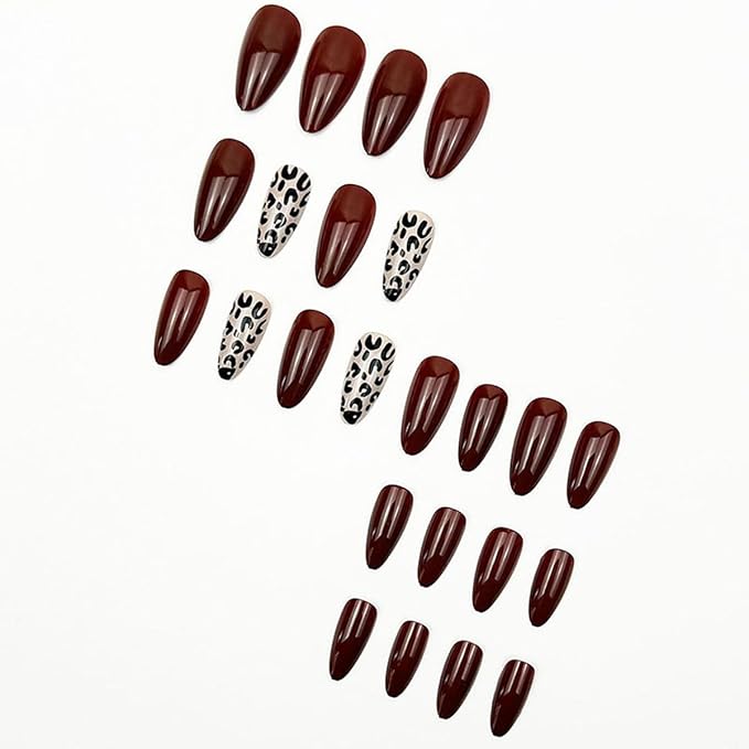 Brown Press On Nails Short Almond Fake Nails Fall Nails Leopard False Nails Press ons with Leopard Print Design Glossy Acrylic Full Cover Stick on Nail for Women Girls Manicure 24Pcs
