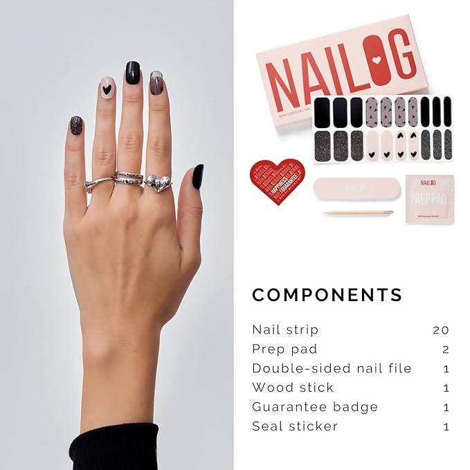 NAILOG Semi Cured Nail Strips for Halloween, 20 Extra Long Gel Nail Strips │ Glossy & Long Lasting Nail Polish Stickers, Nail Wraps with Soft Gel Finishing │Black Little Heart