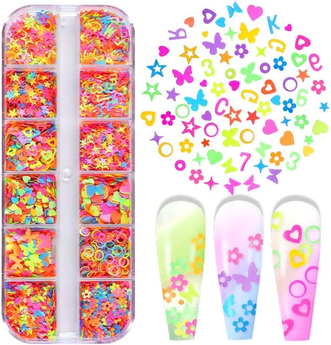 Nail Art Mixed Shape Sparky Sequins 3D Iridescent Butterfly Flower Star Heart Letter Number Confetti Manicure Sticker Flake Accessories 12 Grids