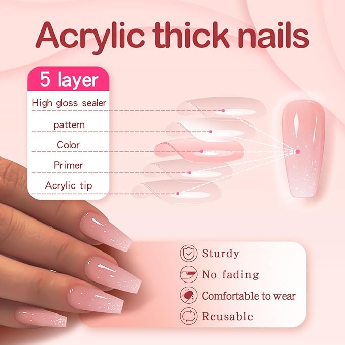 Yivaiks Bling Coffin Press on Nails Medium Fake Nails Tips Full Cover False Gradient stick on Artificial Nails Kit 24pcs