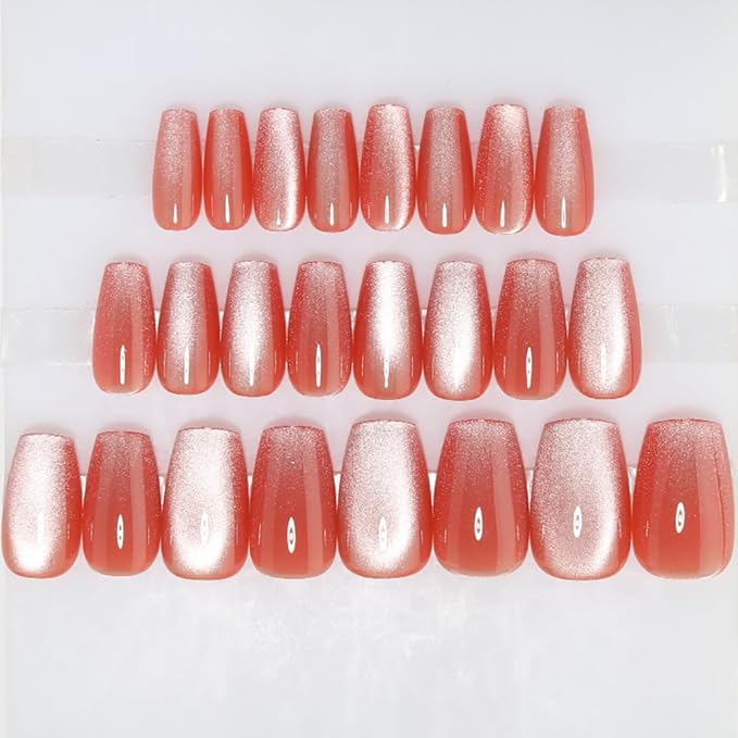 Red Coffin Press On Nails Medium, Cat Eye Press On Nails with Crystal Glow Design, Fashion Gel Fake Nails, Reusable Acrylic Fake Nails, Stick On Nails for Women, Tropical Blush