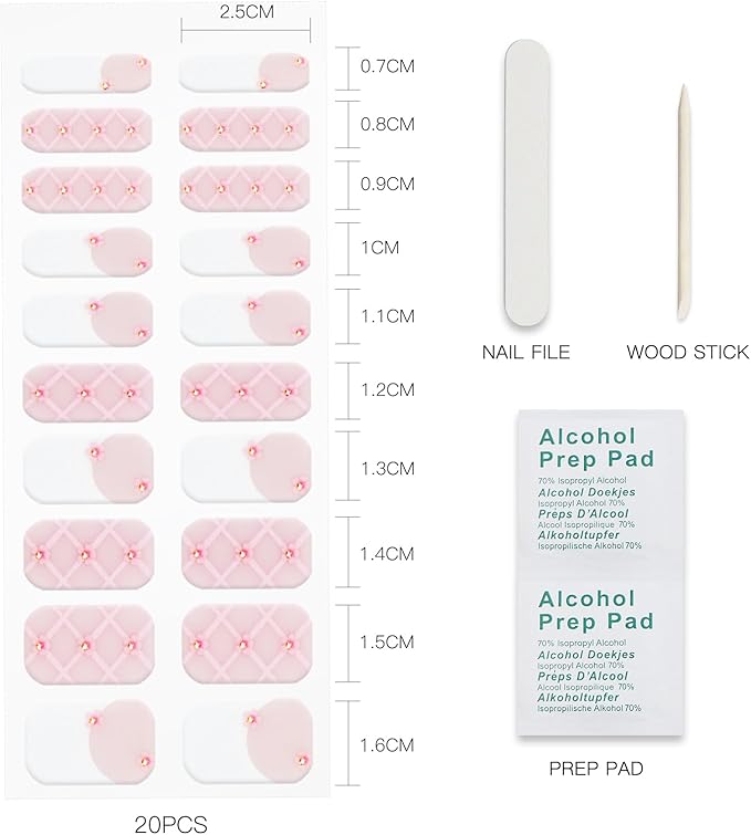 JMEOWIO Gel Nail Stickers French Tip White Pink Flower Semi Cured Gel Nail Strips Wraps UV/LED Nails Art Design Decoration Accessories
