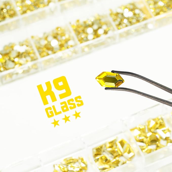 2052Pcs Golden Yellow Nail Rhinestones Kit 72 Multi Shapes Crystal Flatback Lemon Yellow Big Gems Round Beads K9 Glass Stones Diamonds jewels Charms for Nails Faces Eyes Makeup Tumblers Bottles