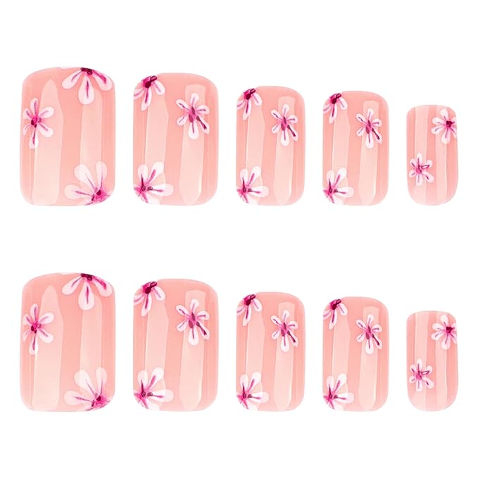 Press on Nails Square - Short Fake Nails with Pink Flower Design - Cute, Spring False Nails Press ons - for Women 24 Pcs