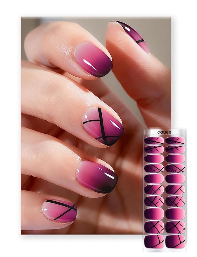 Semi Cured Gel Nail Strips | Built-In Gel Top Coat | UV Light Required | Salon Quality, Easy Application And Removal (Ethereal Purple Grid）