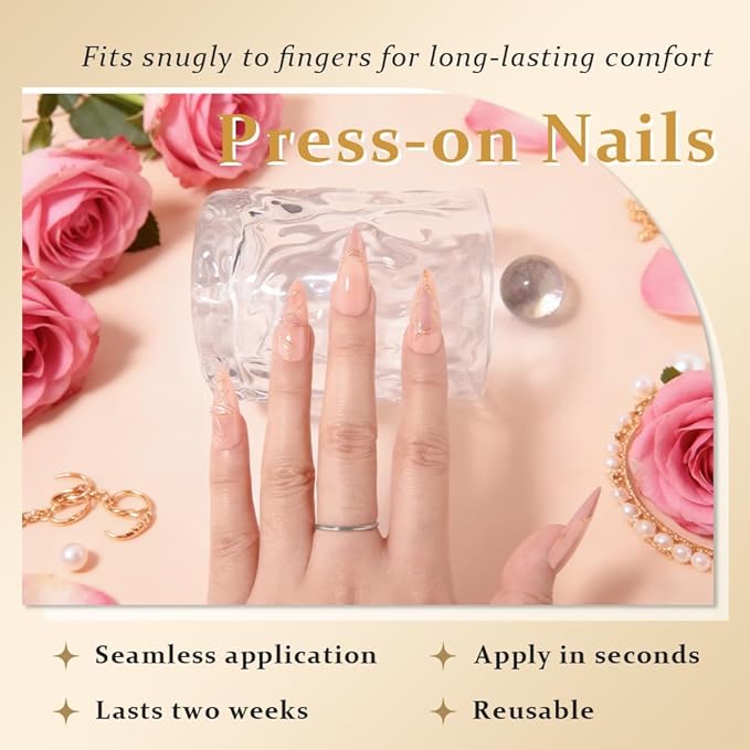 French Tips Press on Nails Almond Medium Length - Stiletto Acrylic Fake Nails with 3D Gold Line Cat Eye Floral Design, Reusable Glue-On Stick for Fall Flower Fashion Nails for Women