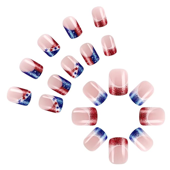 Independence Day French Tip Press on Nails Short Square Fake Nails with Blue and Red Glitter Designs Stripe French False Nails Five-Pointed Star Stick on Nails for Women 4th of July