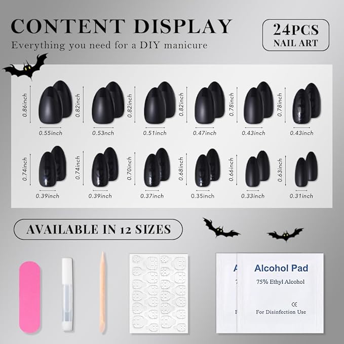 evpct Black Matte Press on French Nails Short Almond with Design, Matte Bed Glossy Tip, Artificial Acrylic Fake Nails Reusable with Pattern Design, Soft Gel Full Cover Stick on Soft Nail Kit for Women