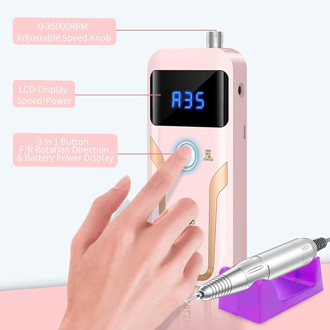Portable Nail Drill Professional 35000 RPM, Rechargeable Electric Nail File Machine Cordless E-File for Acrylic Gel Polishing Removing with Bits Kit for Manicure Salon Home, Pink